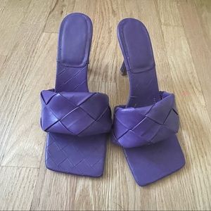 Square Open Toe Heeled Woven Leather Mule Sandal Quilted High Heel